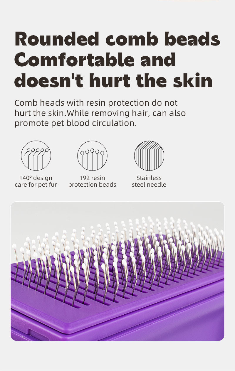 A detailed view of the Pet Comb Automatic Hair Removal Comb, showcasing its ergonomic design and self-cleaning feature for effective pet grooming.