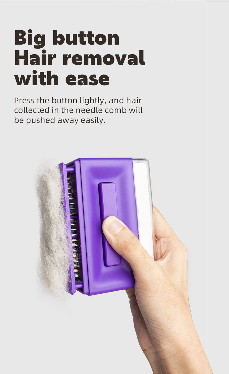A detailed view of the Pet Comb Automatic Hair Removal Comb, showcasing its ergonomic design and self-cleaning feature for effective pet grooming.