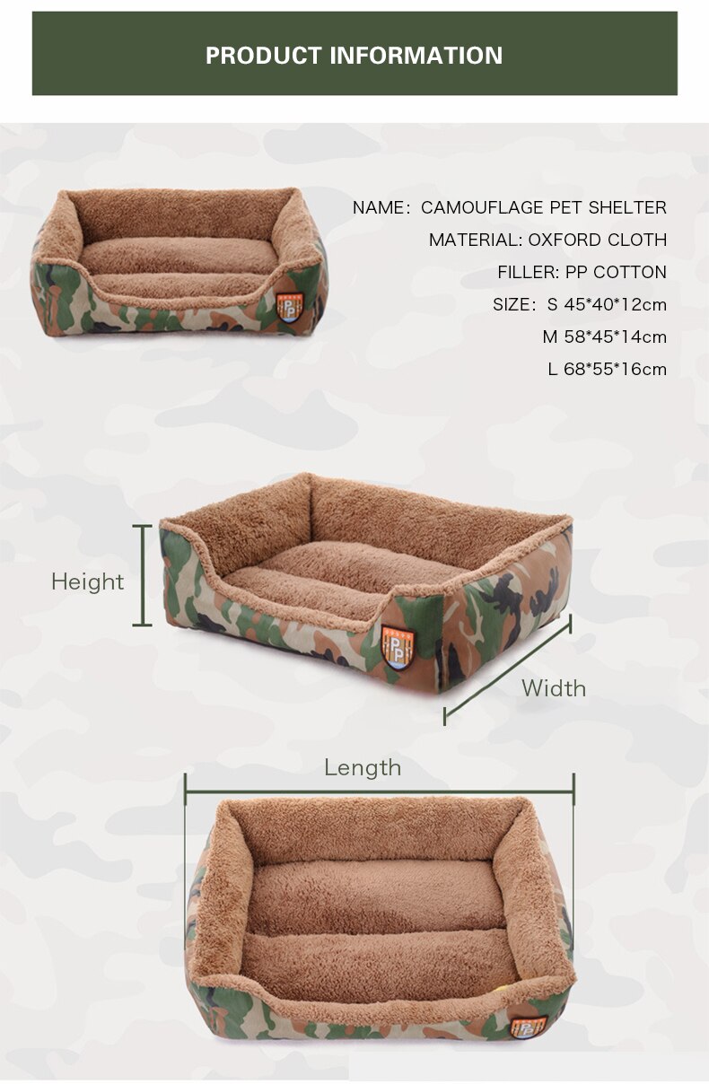 Military style camouflage pet dog bed, soft and warm, suitable for small to large dogs and cats.