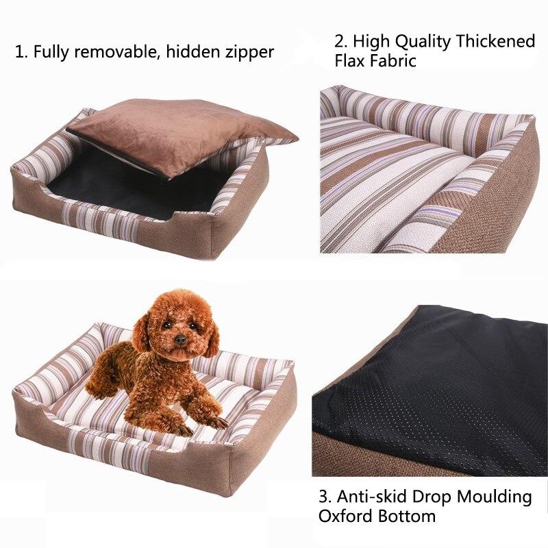A soft, cozy pet dog bed with a striped pattern, perfect for winter warmth, featuring a removable cover for easy cleaning.