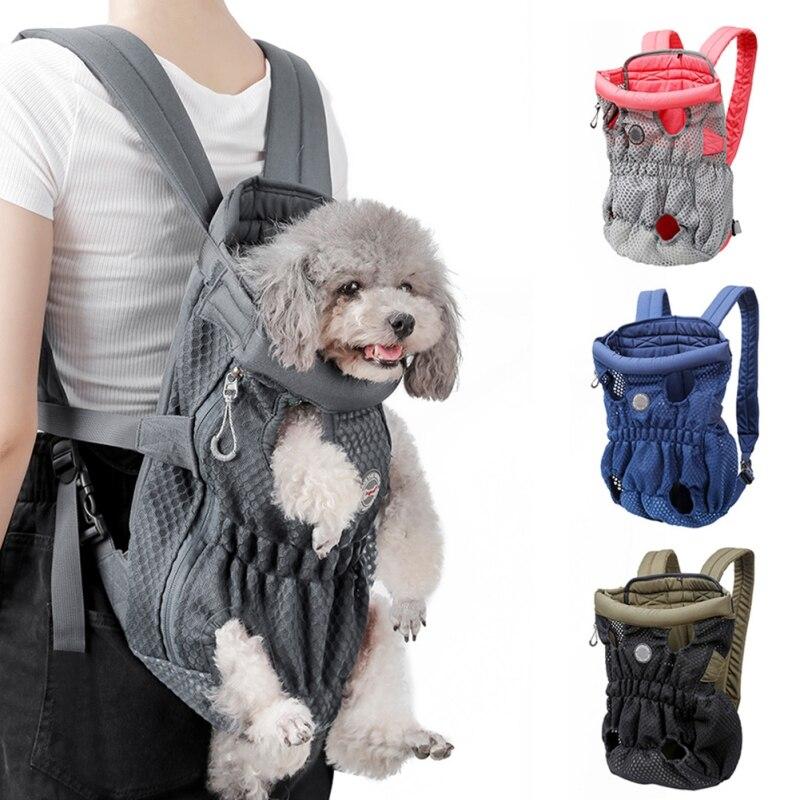 A breathable pet dog carrier backpack designed for small to medium dogs and cats, featuring adjustable straps and a durable nylon material.