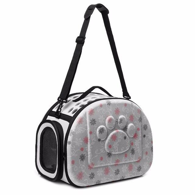 Portable puppy handbag carrier bag in gray, designed for small dogs, featuring a waterproof material and stylish print pattern.