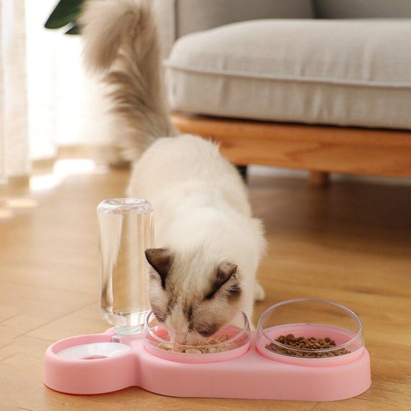 Pet Dog Cat Automatic Feeder Bowl with water bottle, designed for slow feeding and hydration, suitable for dogs and cats.