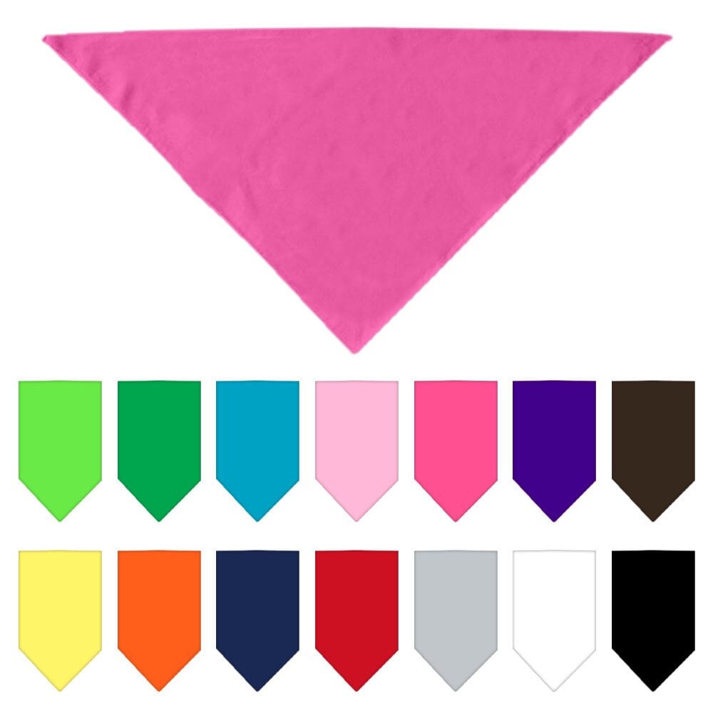 A colorful display of plain pet bandanas for dogs and cats, showcasing 14 vibrant colors in both small and large sizes.