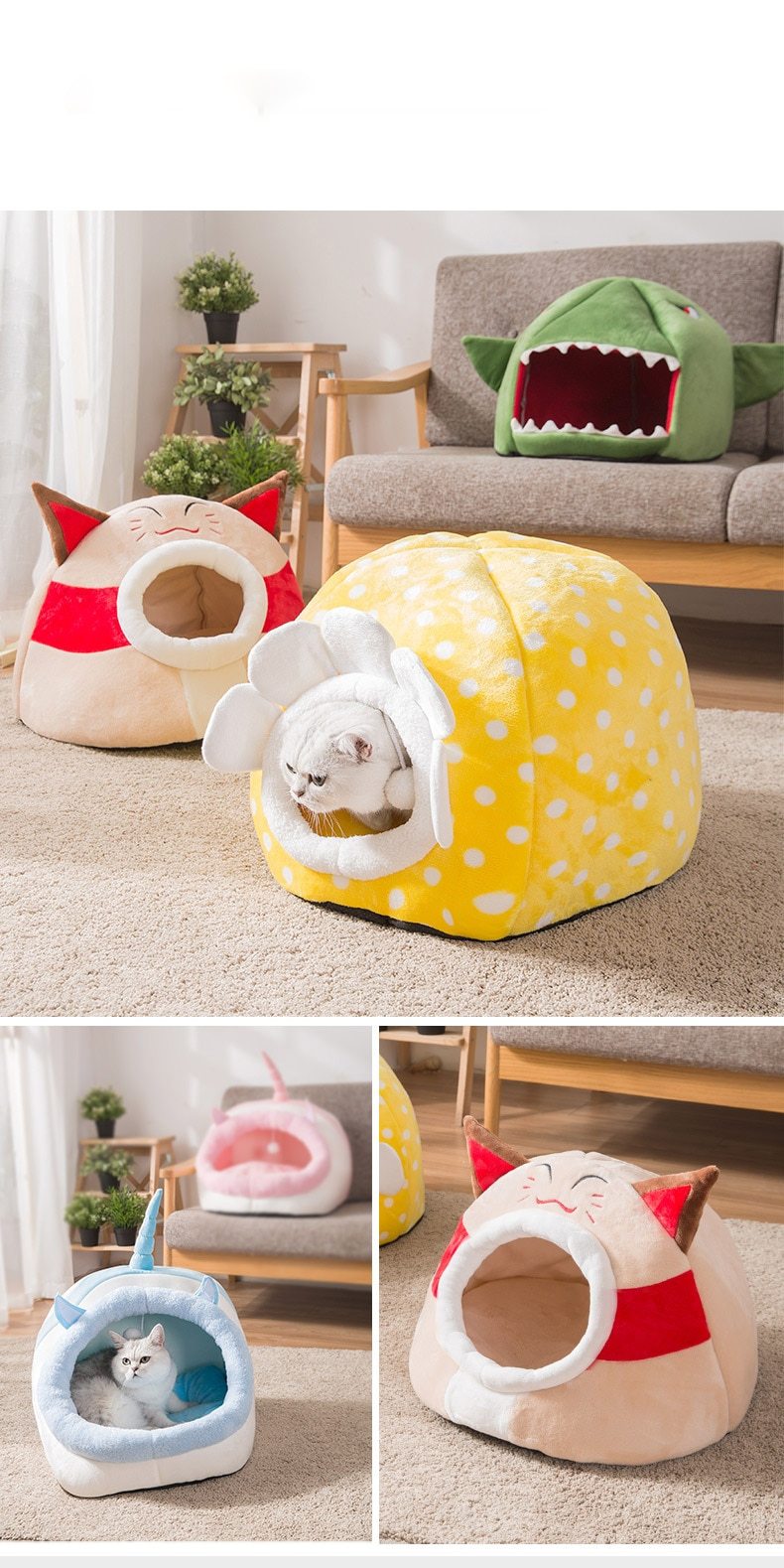 Cute unicorn-shaped pet bed for dogs and cats, featuring a soft cotton exterior and a cozy interior, perfect for winter warmth.