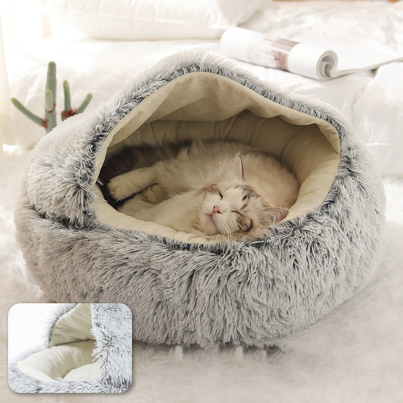 Round plush cat bed designed for ultimate comfort, featuring soft long plush material, available in multiple sizes for pets.