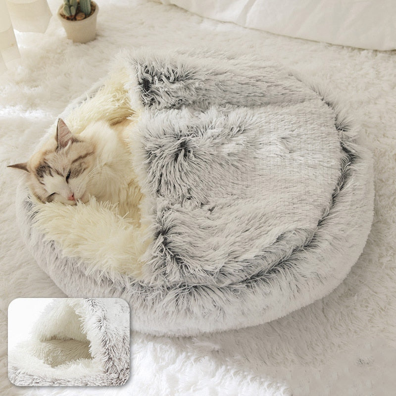 Round plush cat bed designed for ultimate comfort, featuring soft long plush material, available in multiple sizes for pets.