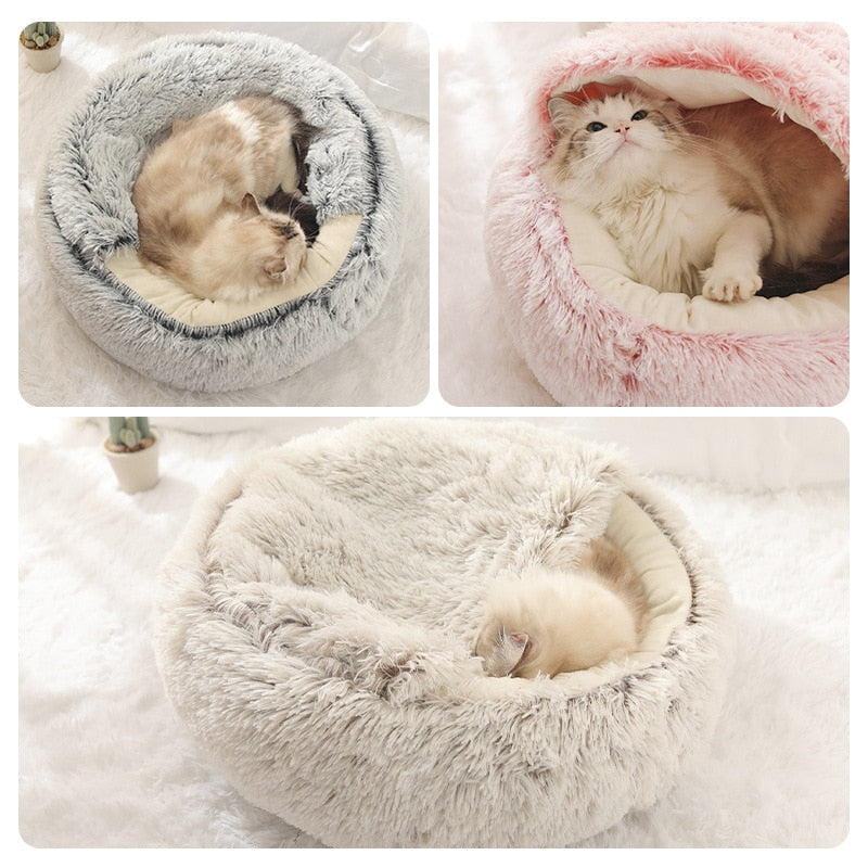 Round plush cat bed designed for ultimate comfort, featuring soft long plush material, available in multiple sizes for pets.