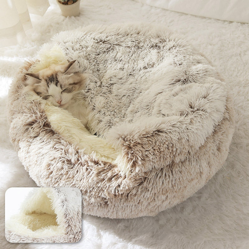 Round plush cat bed designed for ultimate comfort, featuring soft long plush material, available in multiple sizes for pets.