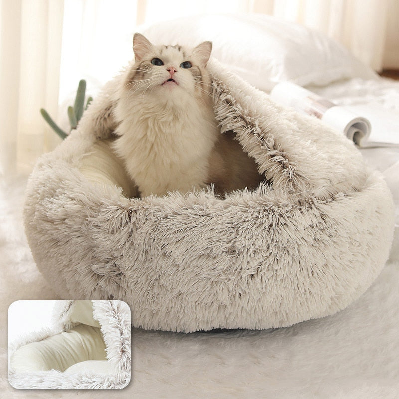 Round plush cat bed designed for ultimate comfort, featuring soft long plush material, available in multiple sizes for pets.
