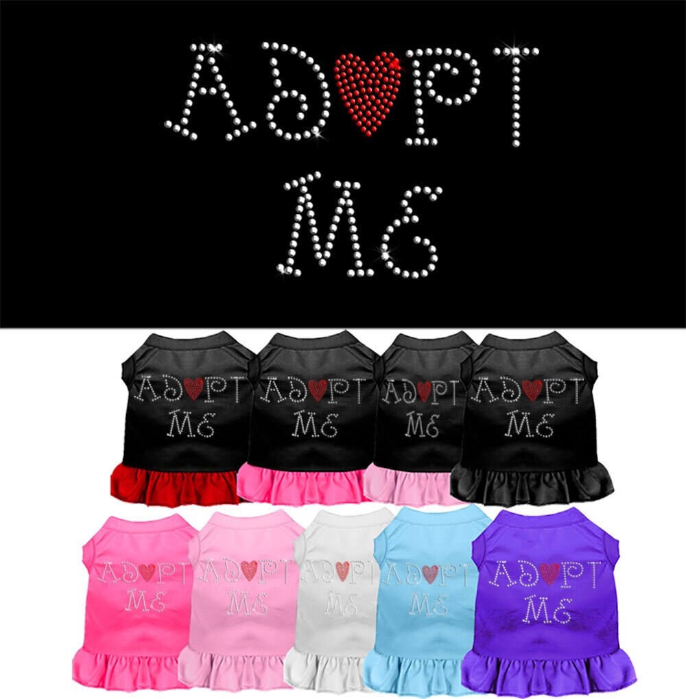 A cute pet dress for dogs and cats featuring rhinestones and a ruffle, with the text 'Adopt Me' prominently displayed.