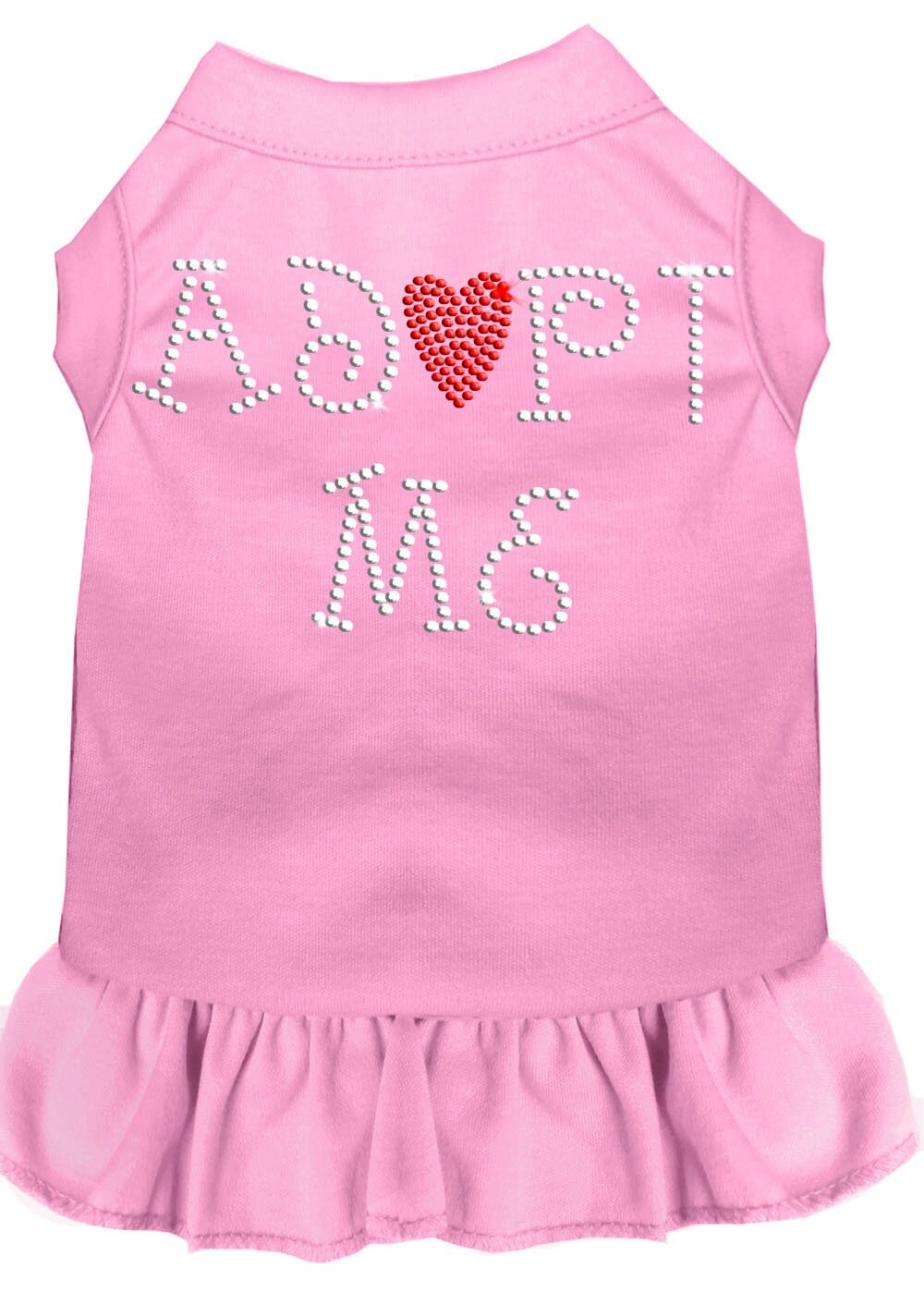 A cute pet dress for dogs and cats featuring rhinestones and a ruffle, with the text 'Adopt Me' prominently displayed.