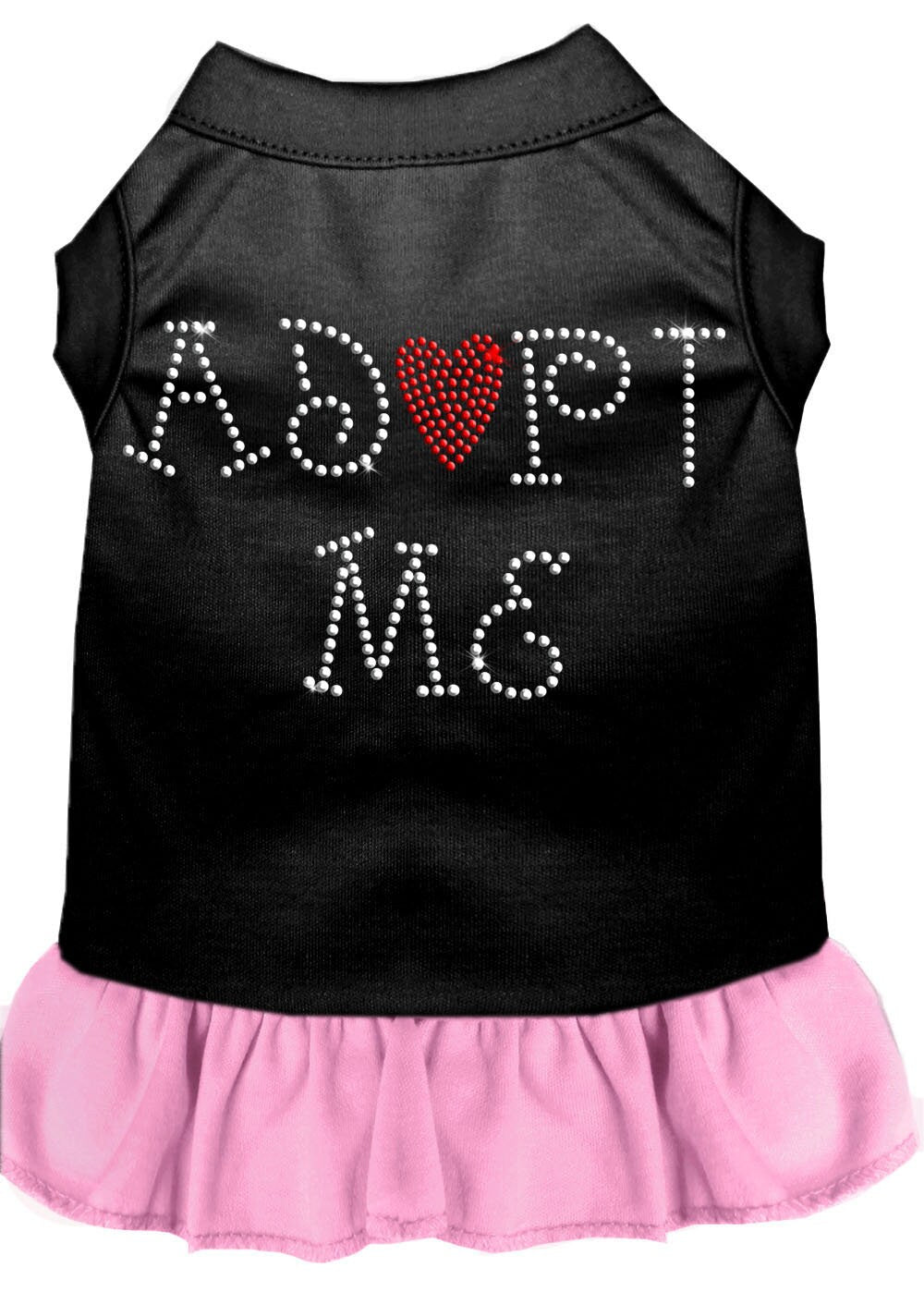 A cute pet dress for dogs and cats featuring rhinestones and a ruffle, with the text 'Adopt Me' prominently displayed.