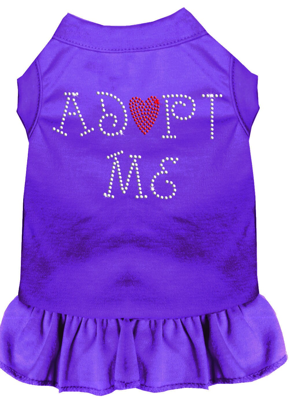 A cute pet dress for dogs and cats featuring rhinestones and a ruffle, with the text 'Adopt Me' prominently displayed.