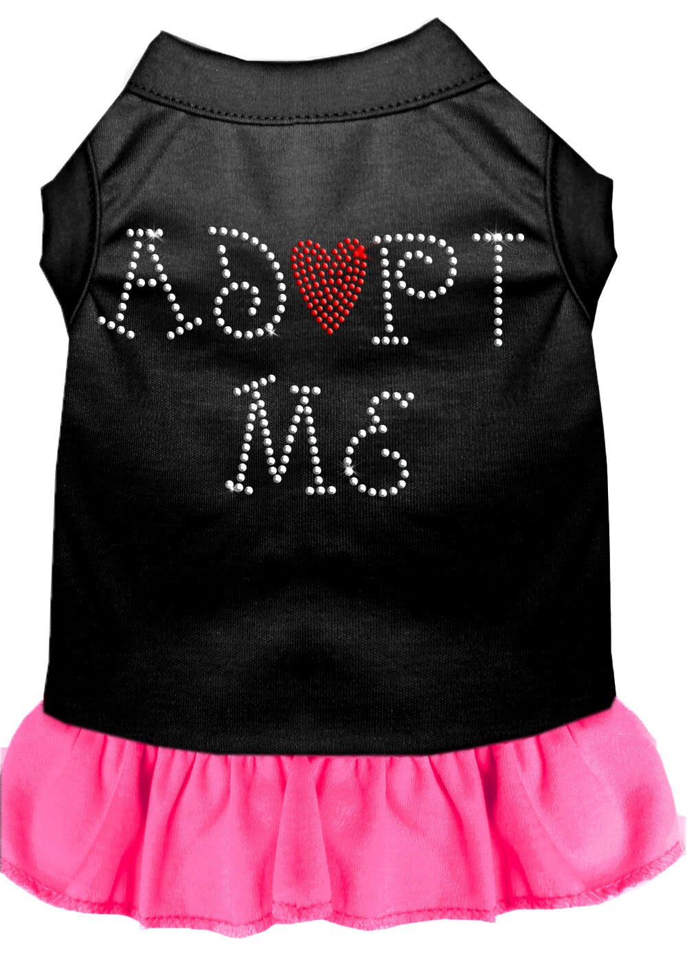 A cute pet dress for dogs and cats featuring rhinestones and a ruffle, with the text 'Adopt Me' prominently displayed.