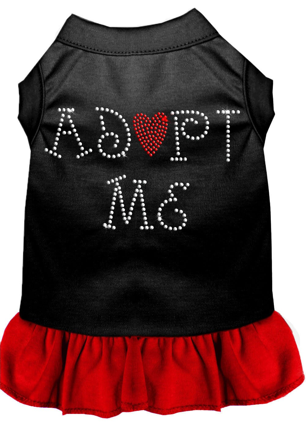 A cute pet dress for dogs and cats featuring rhinestones and a ruffle, with the text 'Adopt Me' prominently displayed.