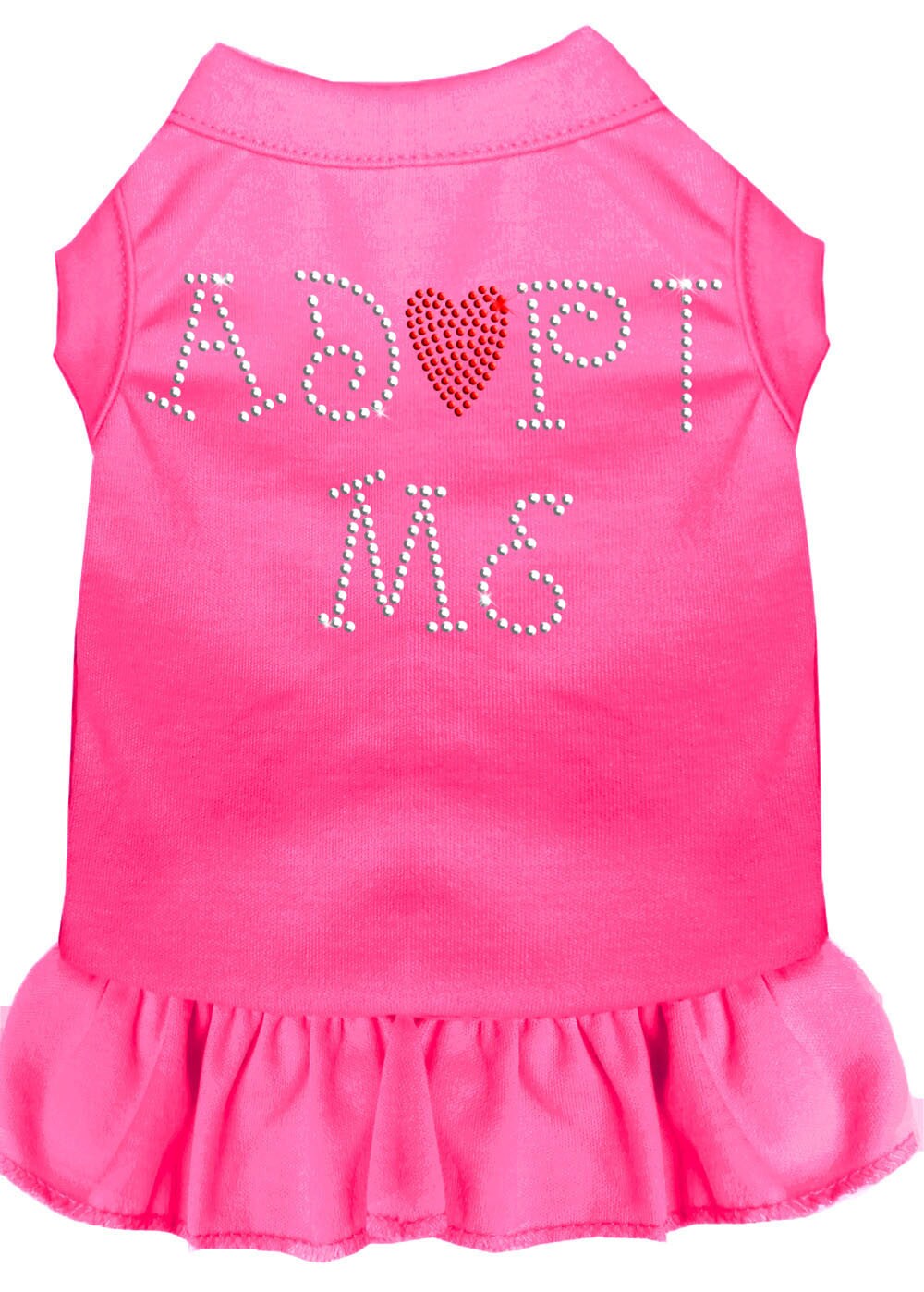 A cute pet dress for dogs and cats featuring rhinestones and a ruffle, with the text 'Adopt Me' prominently displayed.