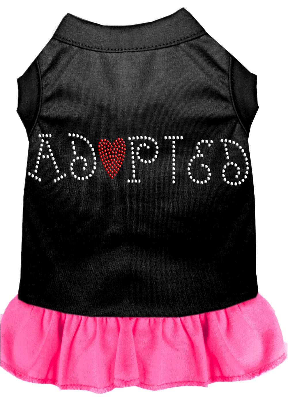 A stylish pet dress for dogs and cats featuring rhinestones and the word 'Adopted', showcasing a cute design perfect for any occasion.