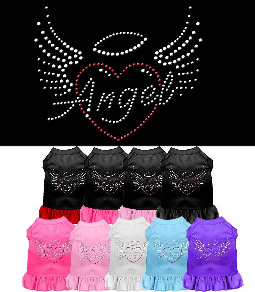 A stylish pet dress featuring rhinestone accents in the shape of an angel heart, designed for dogs and cats.