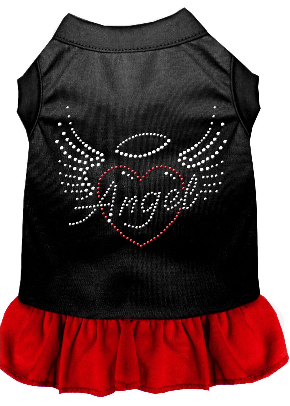 A stylish pet dress featuring rhinestone accents in the shape of an angel heart, designed for dogs and cats.