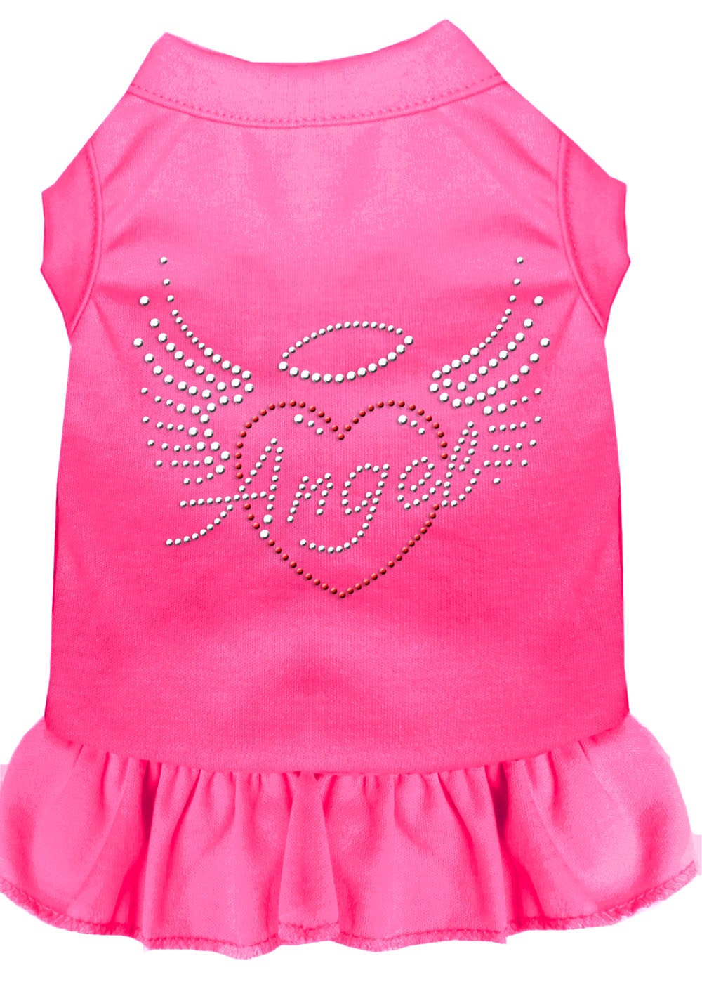 A stylish pet dress featuring rhinestone accents in the shape of an angel heart, designed for dogs and cats.