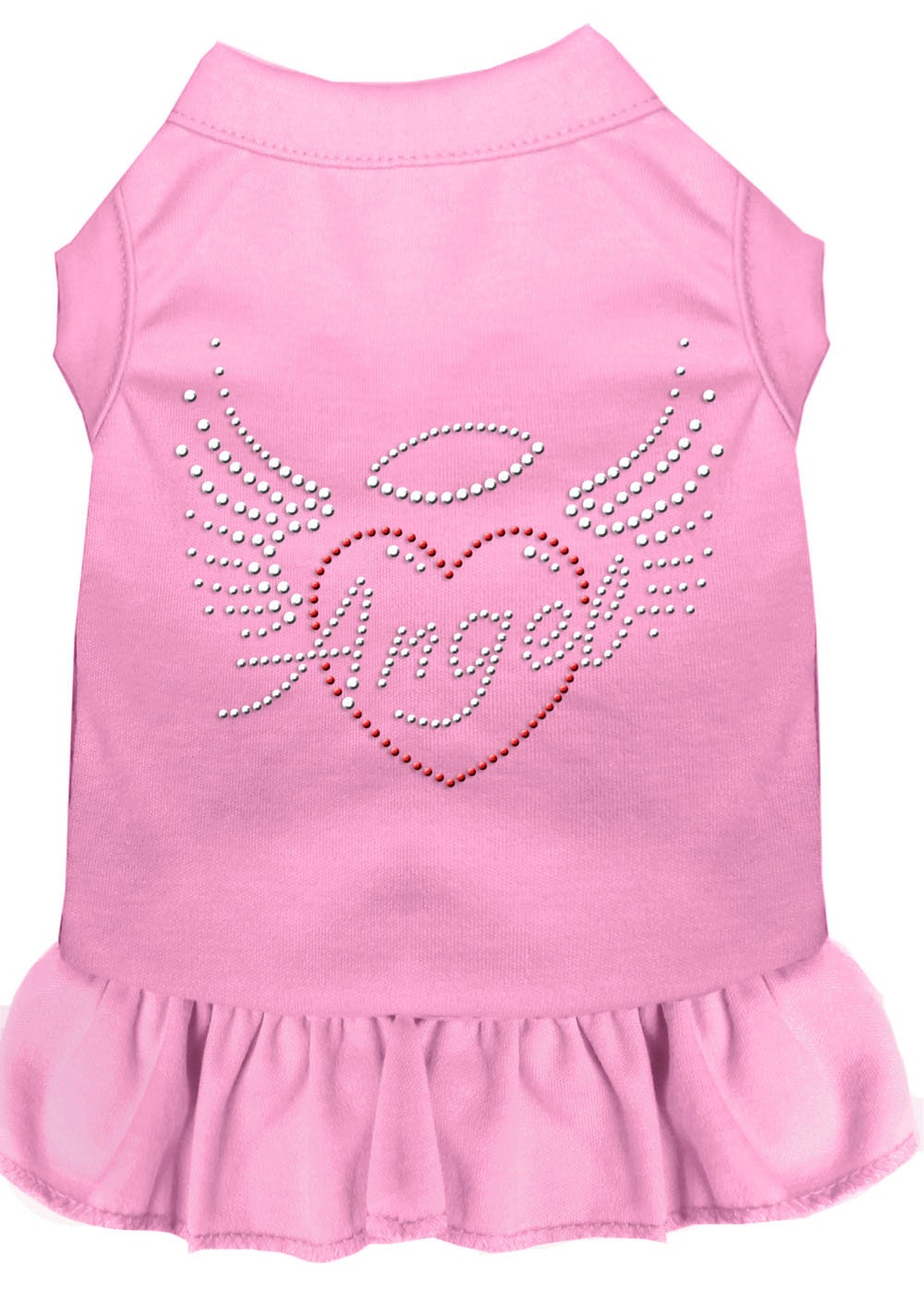 A stylish pet dress featuring rhinestone accents in the shape of an angel heart, designed for dogs and cats.
