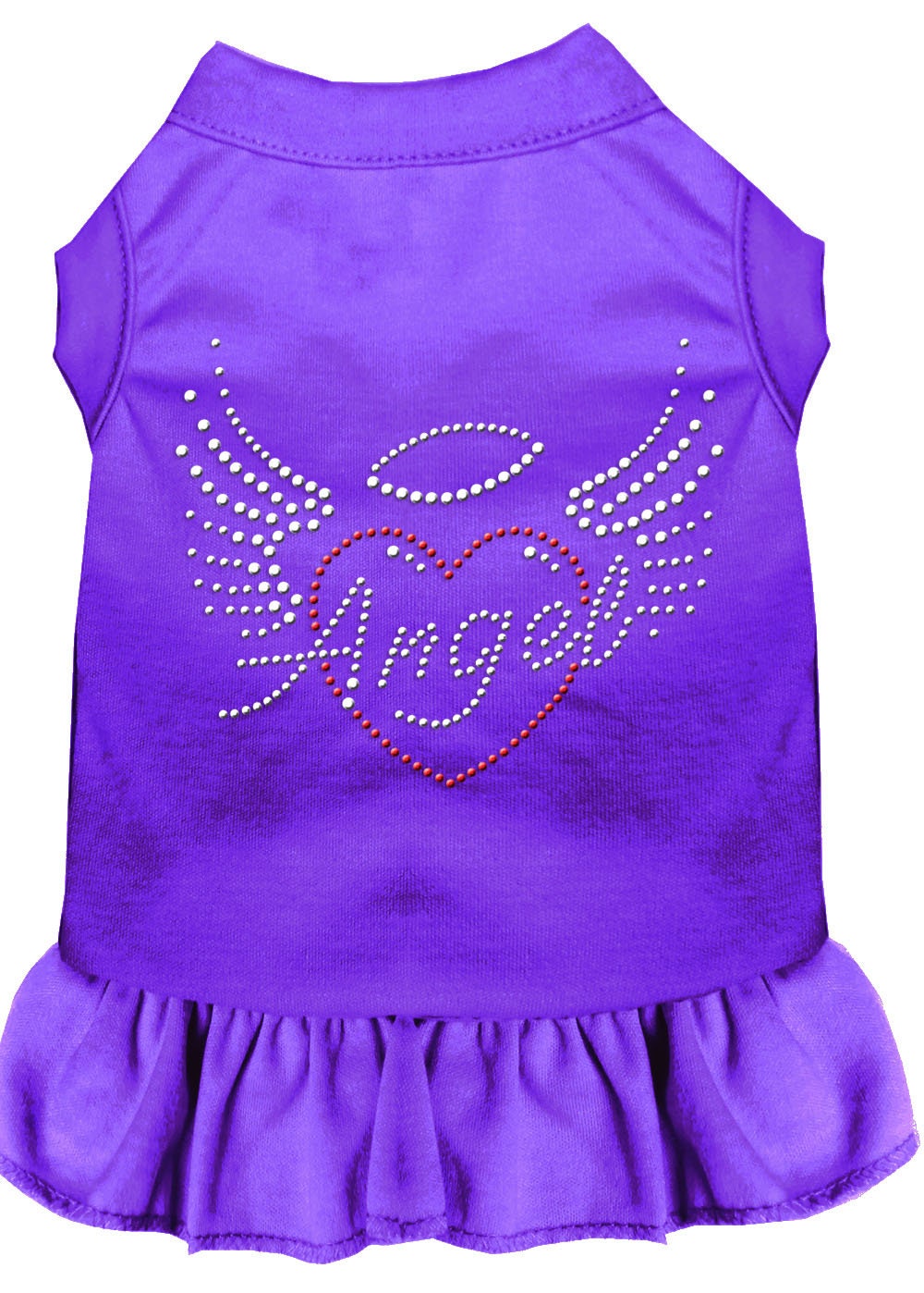 A stylish pet dress featuring rhinestone accents in the shape of an angel heart, designed for dogs and cats.