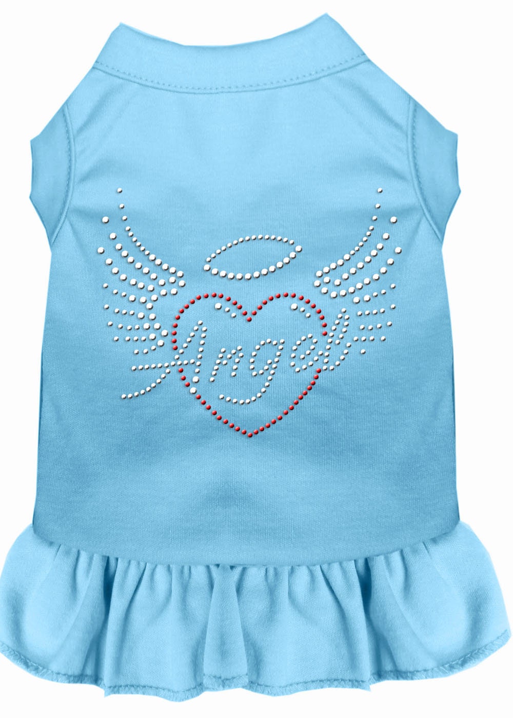 A stylish pet dress featuring rhinestone accents in the shape of an angel heart, designed for dogs and cats.
