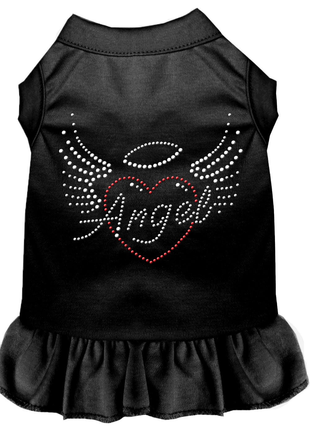 A stylish pet dress featuring rhinestone accents in the shape of an angel heart, designed for dogs and cats.