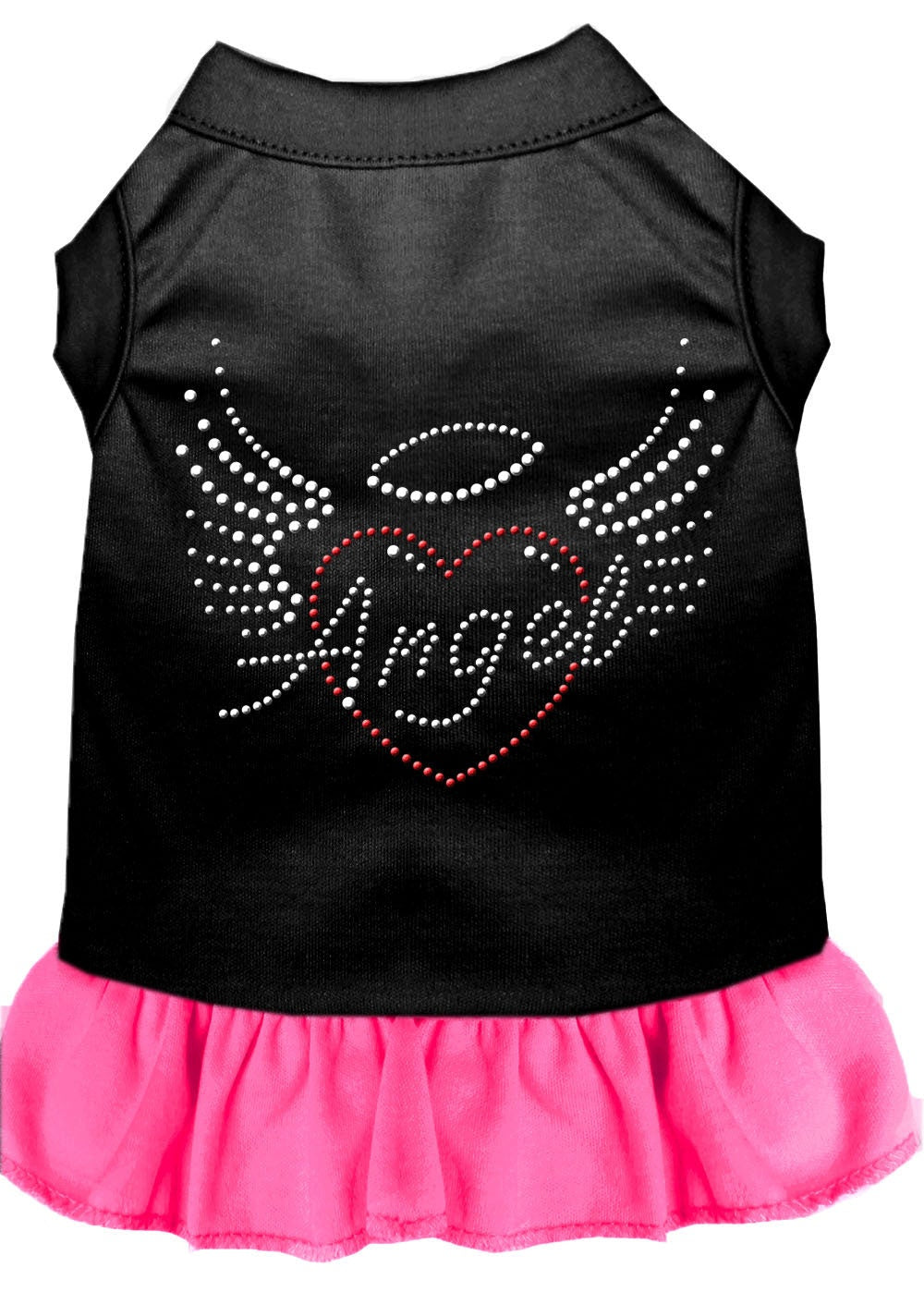 A stylish pet dress featuring rhinestone accents in the shape of an angel heart, designed for dogs and cats.