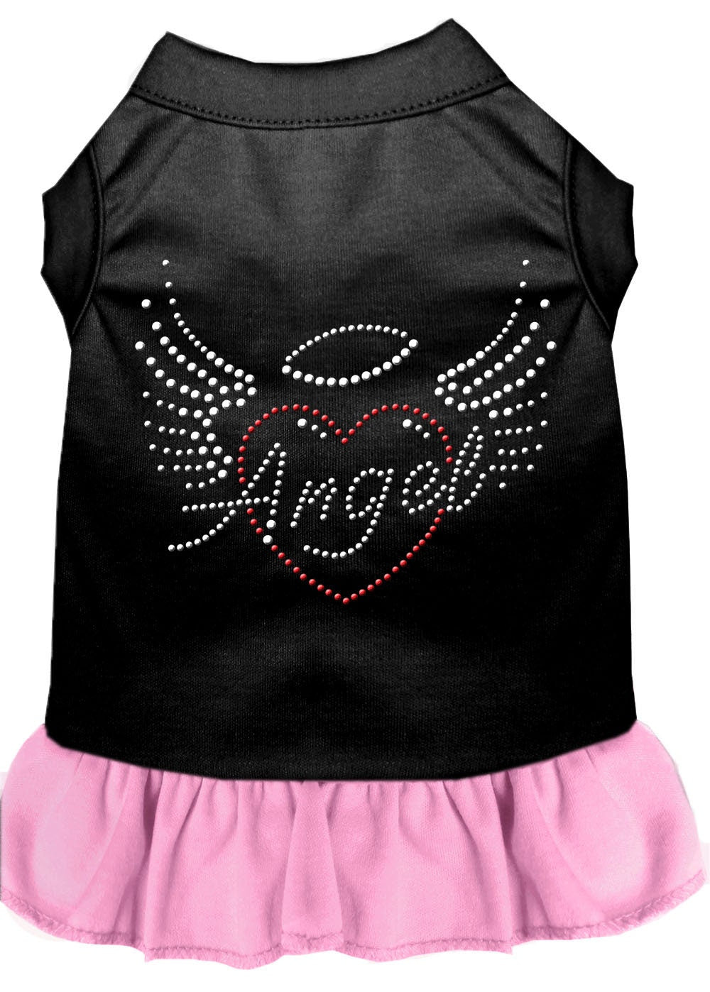 A stylish pet dress featuring rhinestone accents in the shape of an angel heart, designed for dogs and cats.