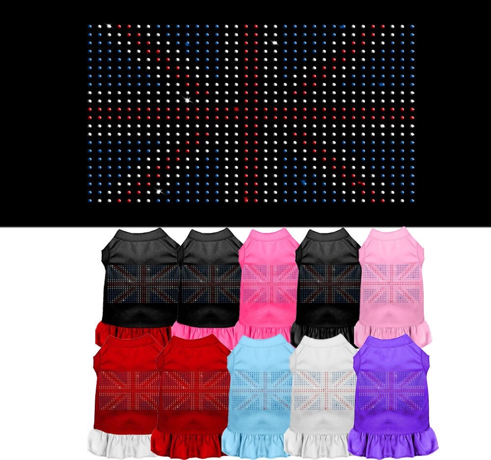 A stylish pet dress featuring a British Flag design with rhinestone embellishments, suitable for dogs and cats.