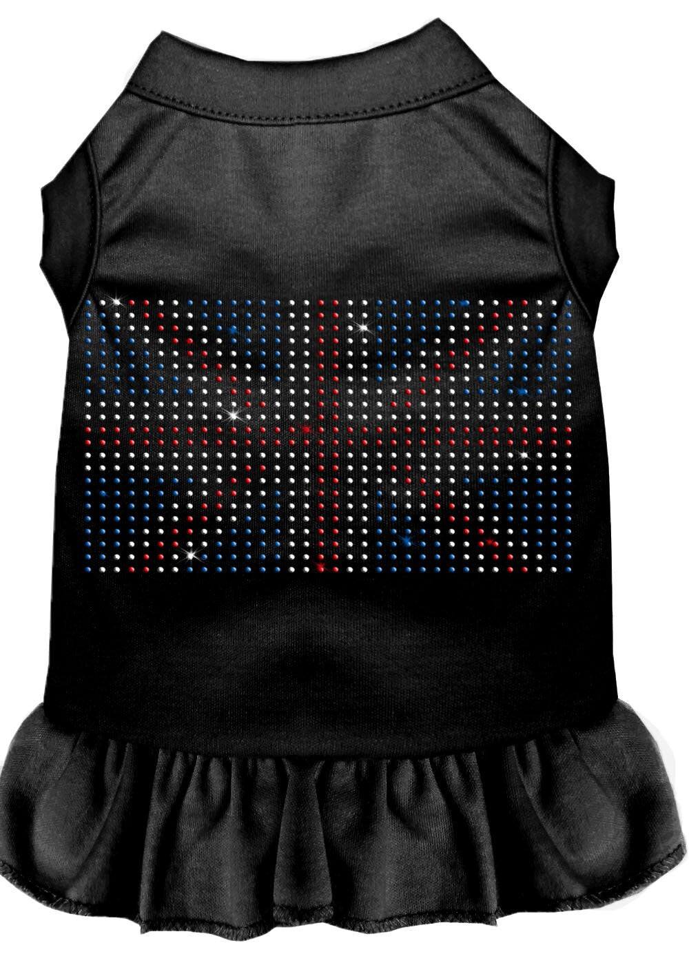 A stylish pet dress featuring a British Flag design with rhinestone embellishments, suitable for dogs and cats.