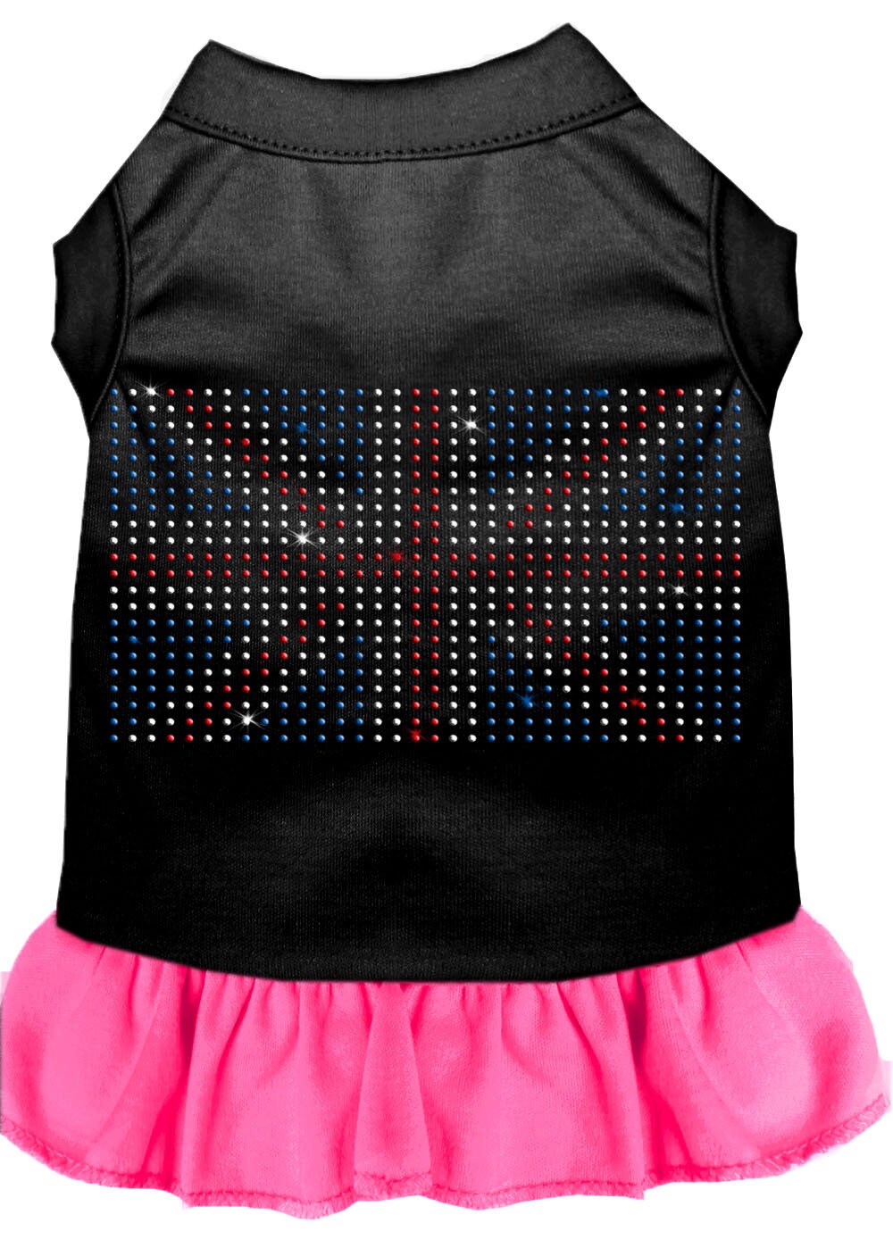 A stylish pet dress featuring a British Flag design with rhinestone embellishments, suitable for dogs and cats.