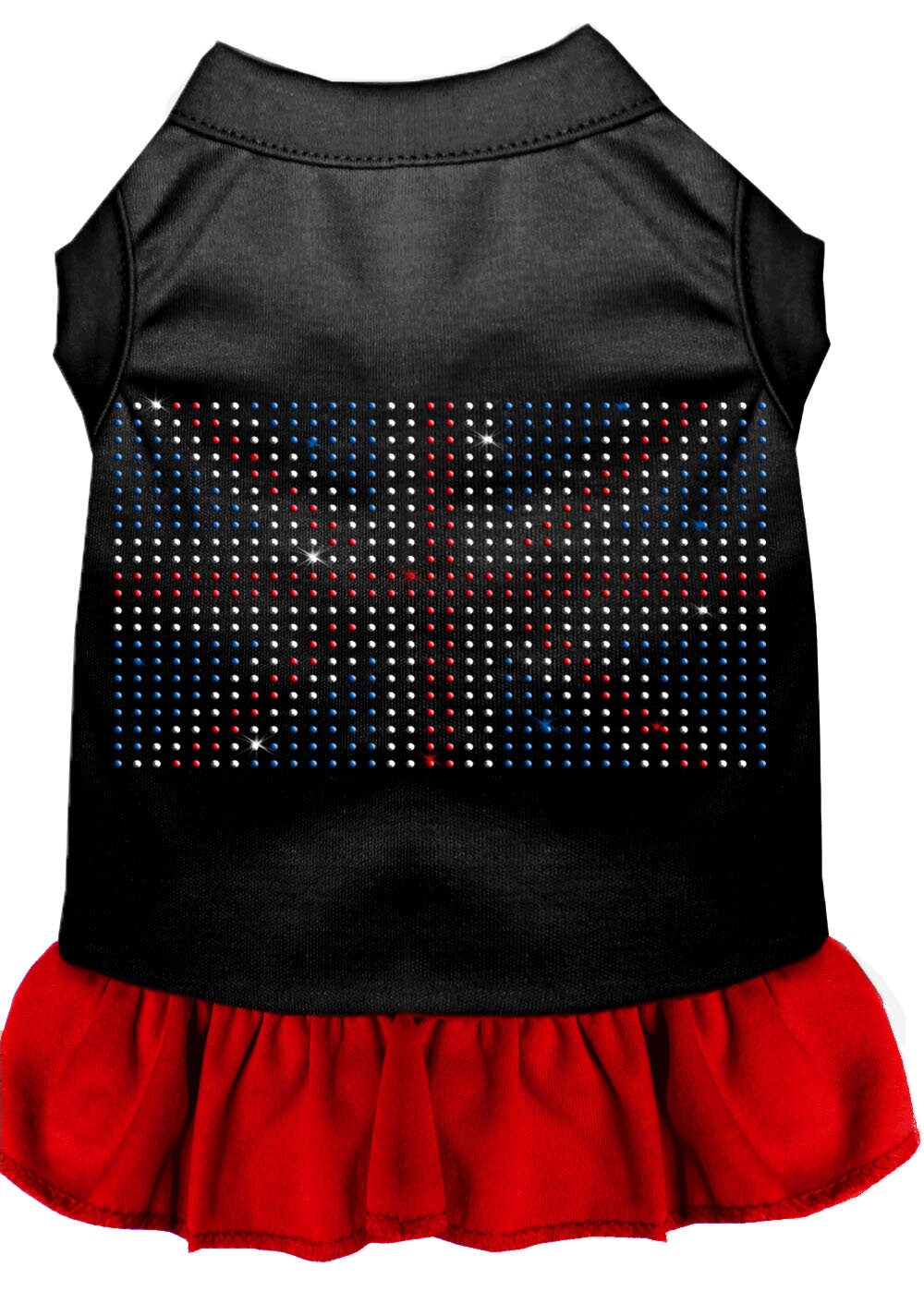A stylish pet dress featuring a British Flag design with rhinestone embellishments, suitable for dogs and cats.