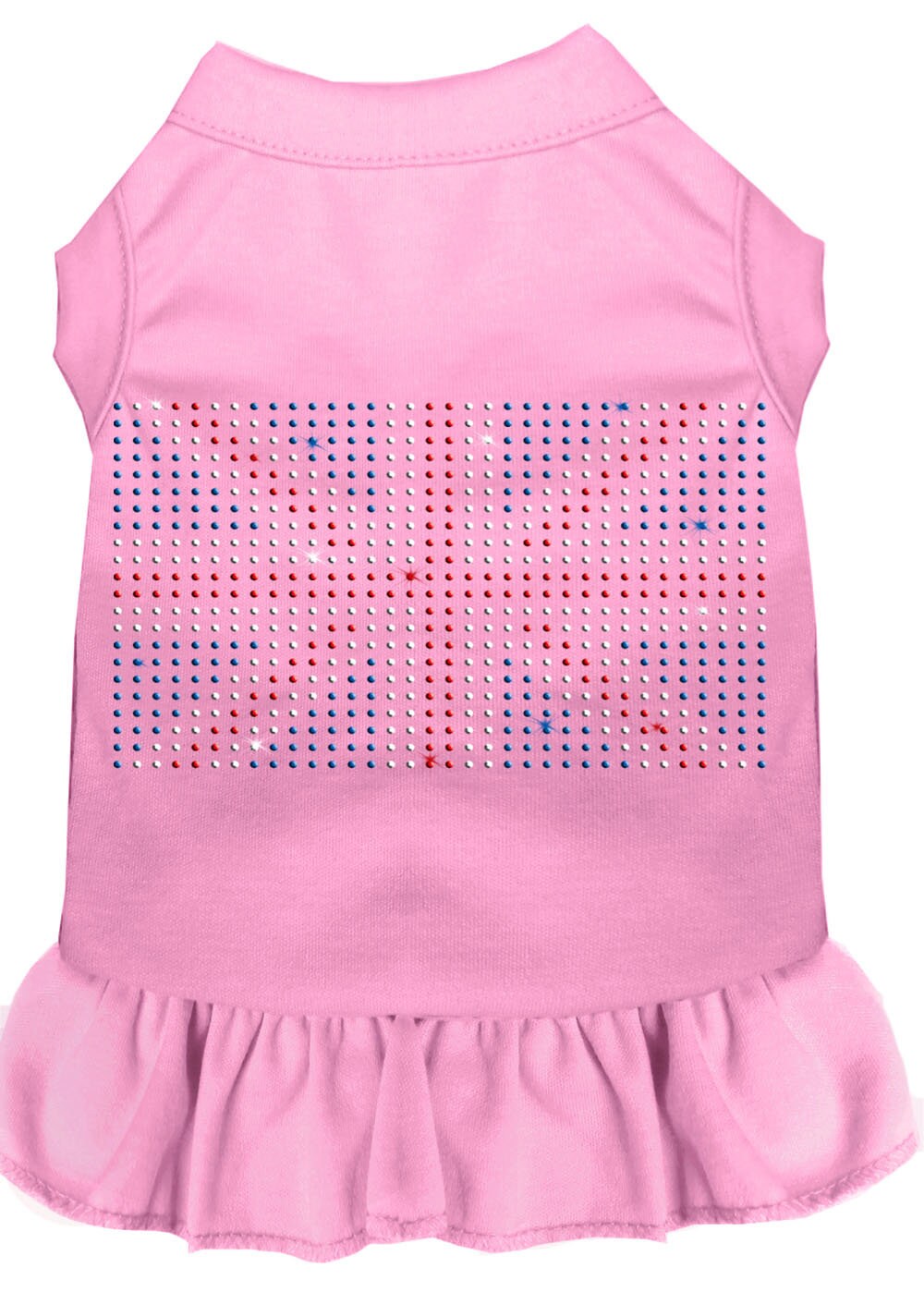 A stylish pet dress featuring a British Flag design with rhinestone embellishments, suitable for dogs and cats.