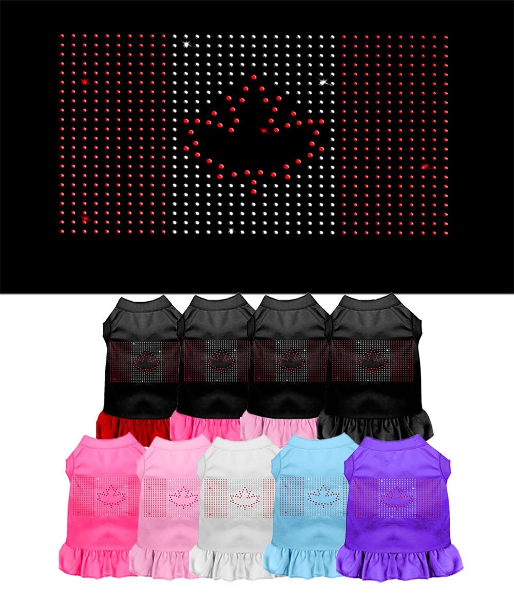 A stylish pet dress featuring a Canadian Flag design with rhinestone embellishments, suitable for both dogs and cats.