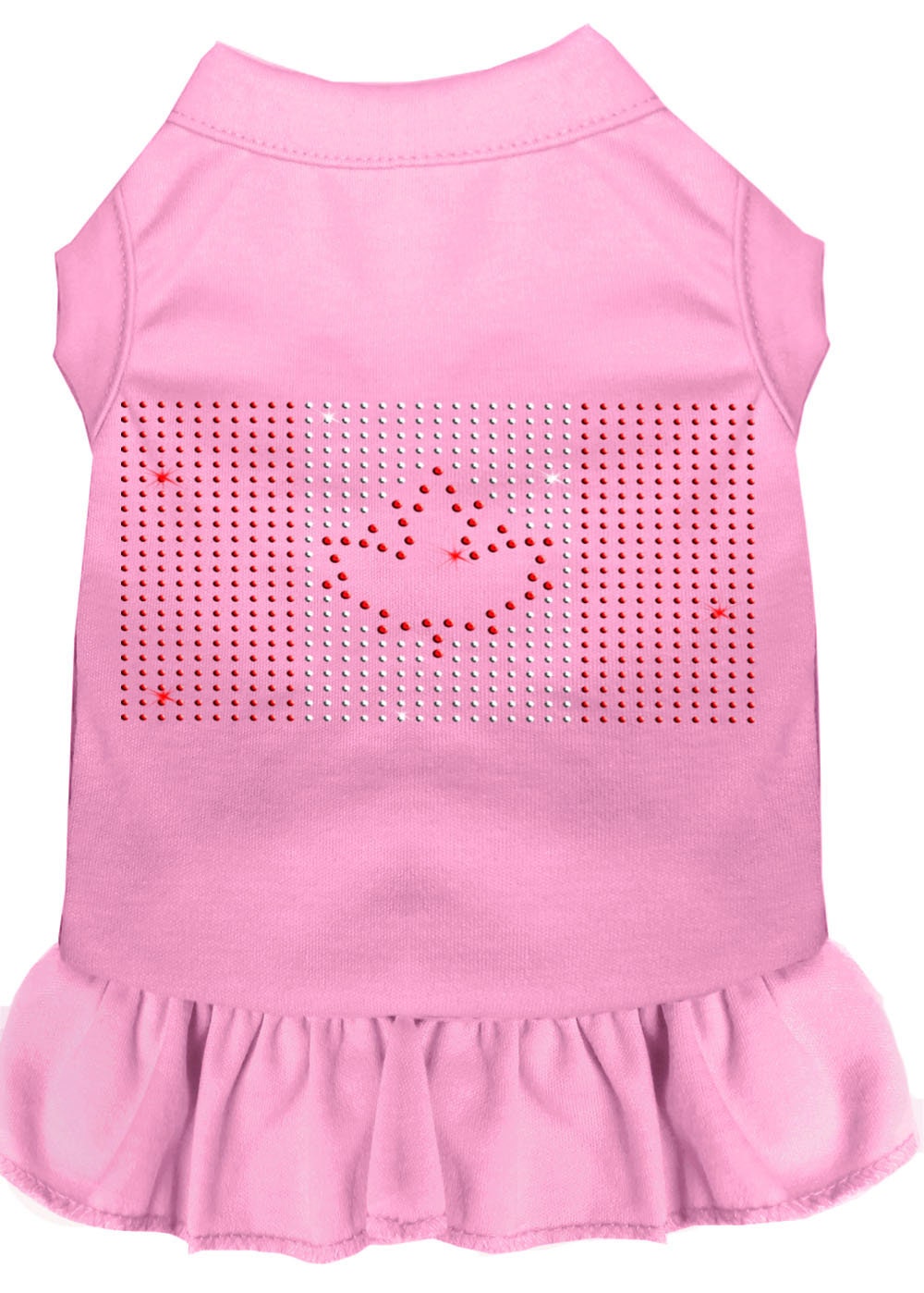 A stylish pet dress featuring a Canadian Flag design with rhinestone embellishments, suitable for both dogs and cats.