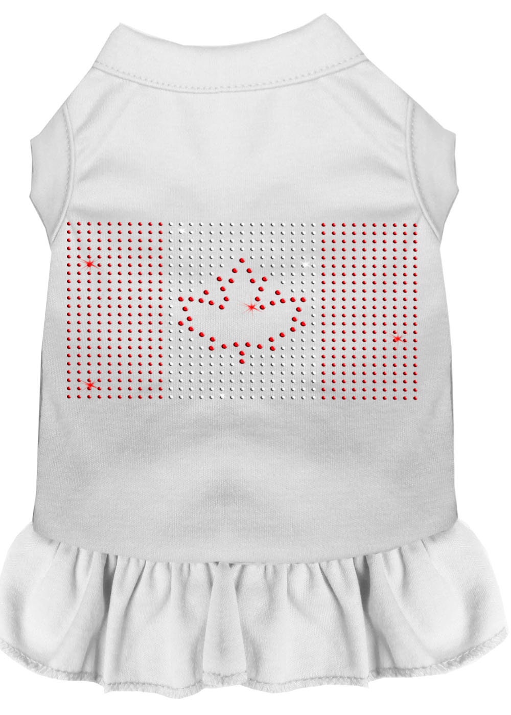 A stylish pet dress featuring a Canadian Flag design with rhinestone embellishments, suitable for both dogs and cats.