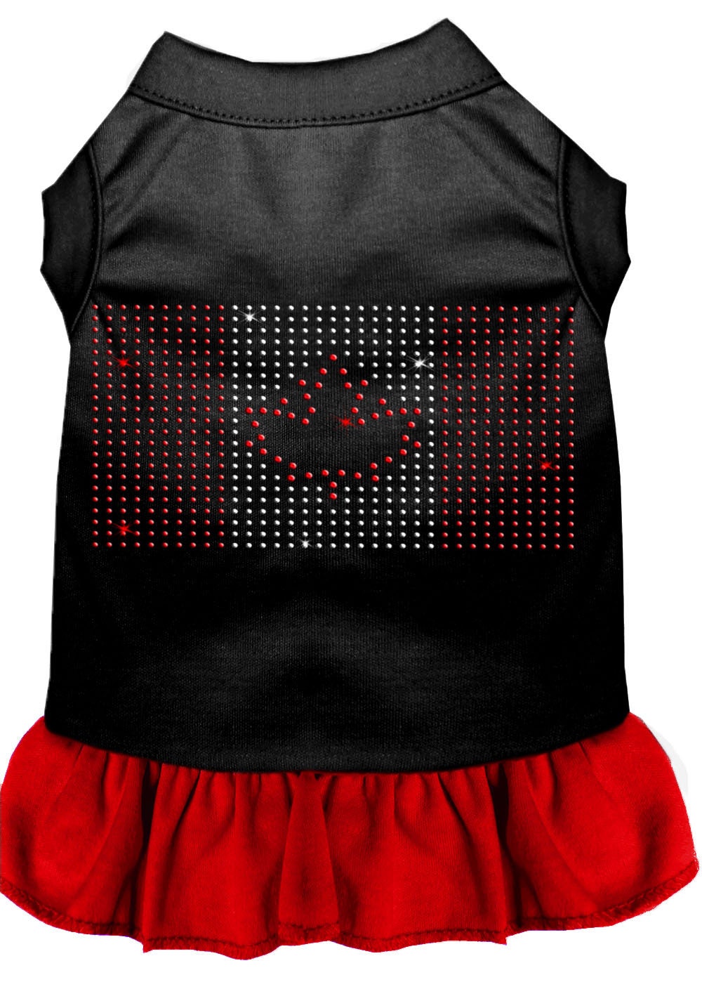 A stylish pet dress featuring a Canadian Flag design with rhinestone embellishments, suitable for both dogs and cats.