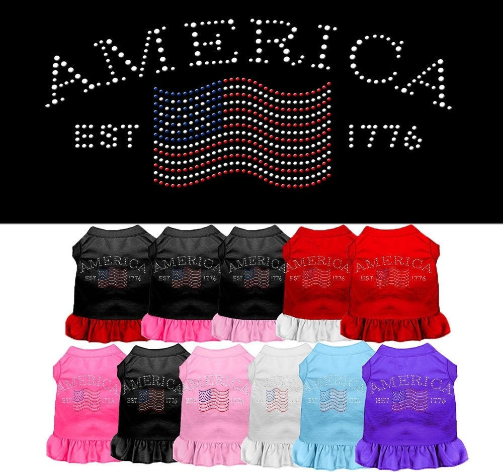 A stylish pet dress featuring rhinestones, designed for dogs and cats, showcasing a classic American theme.