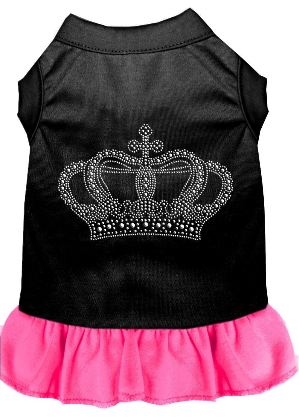 A stylish pet dress featuring rhinestones and a ruffle design, perfect for dogs and cats, showcasing a crown motif.