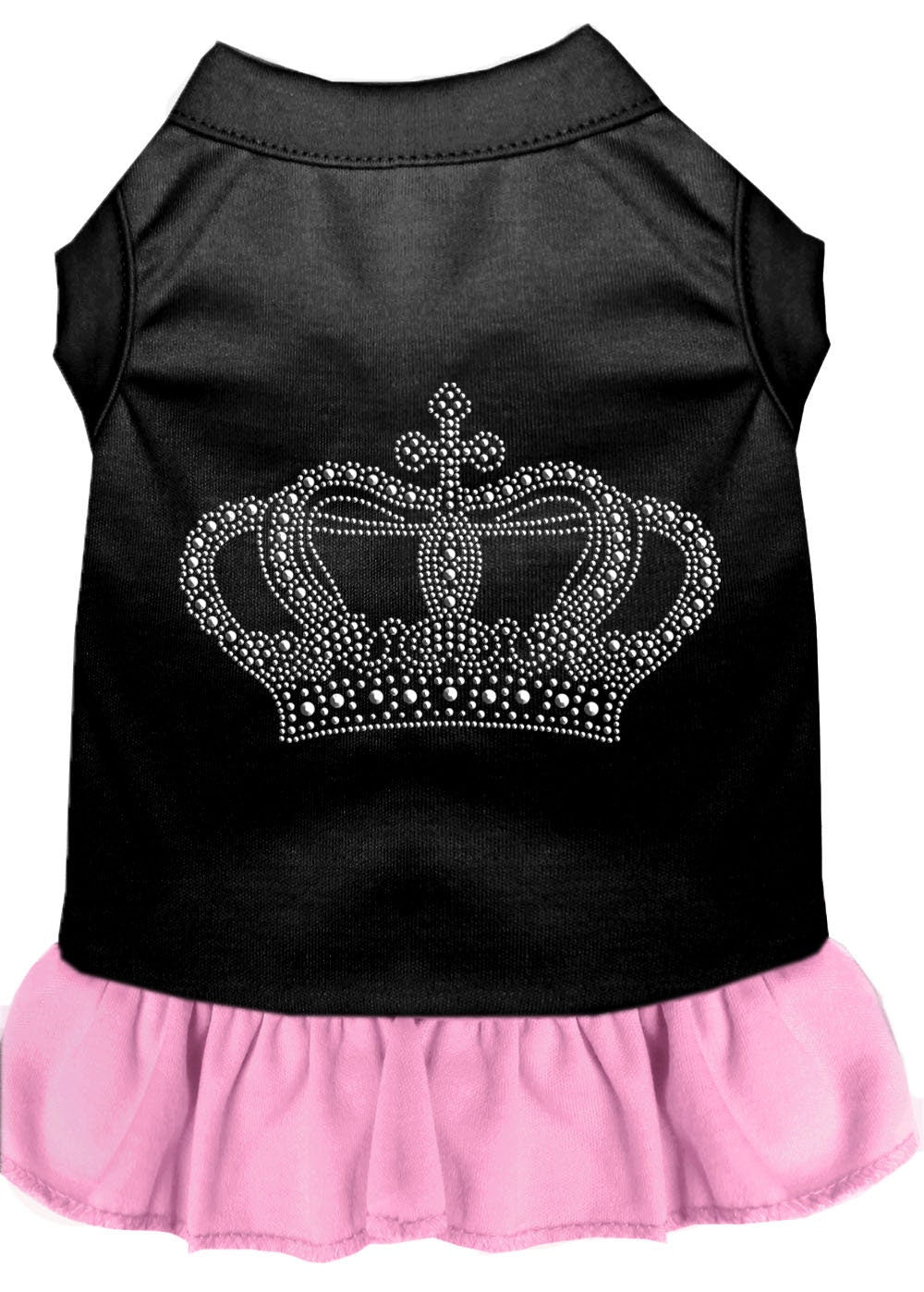 A stylish pet dress featuring rhinestones and a ruffle design, perfect for dogs and cats, showcasing a crown motif.