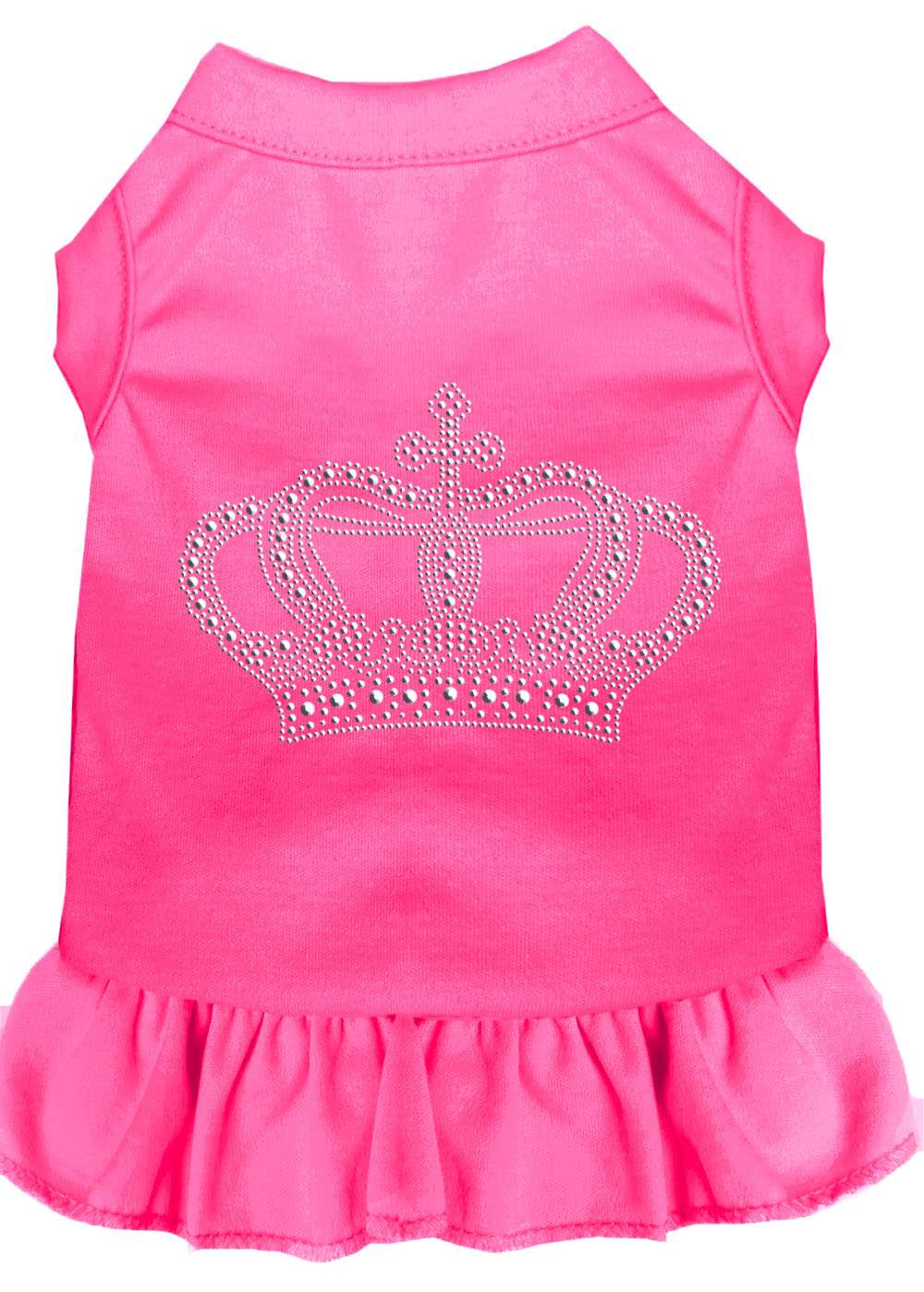 A stylish pet dress featuring rhinestones and a ruffle design, perfect for dogs and cats, showcasing a crown motif.