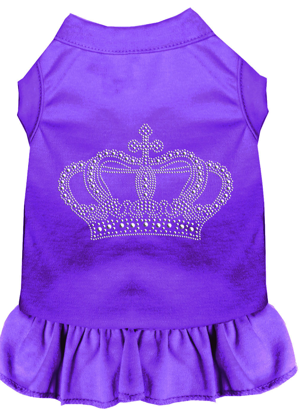 A stylish pet dress featuring rhinestones and a ruffle design, perfect for dogs and cats, showcasing a crown motif.