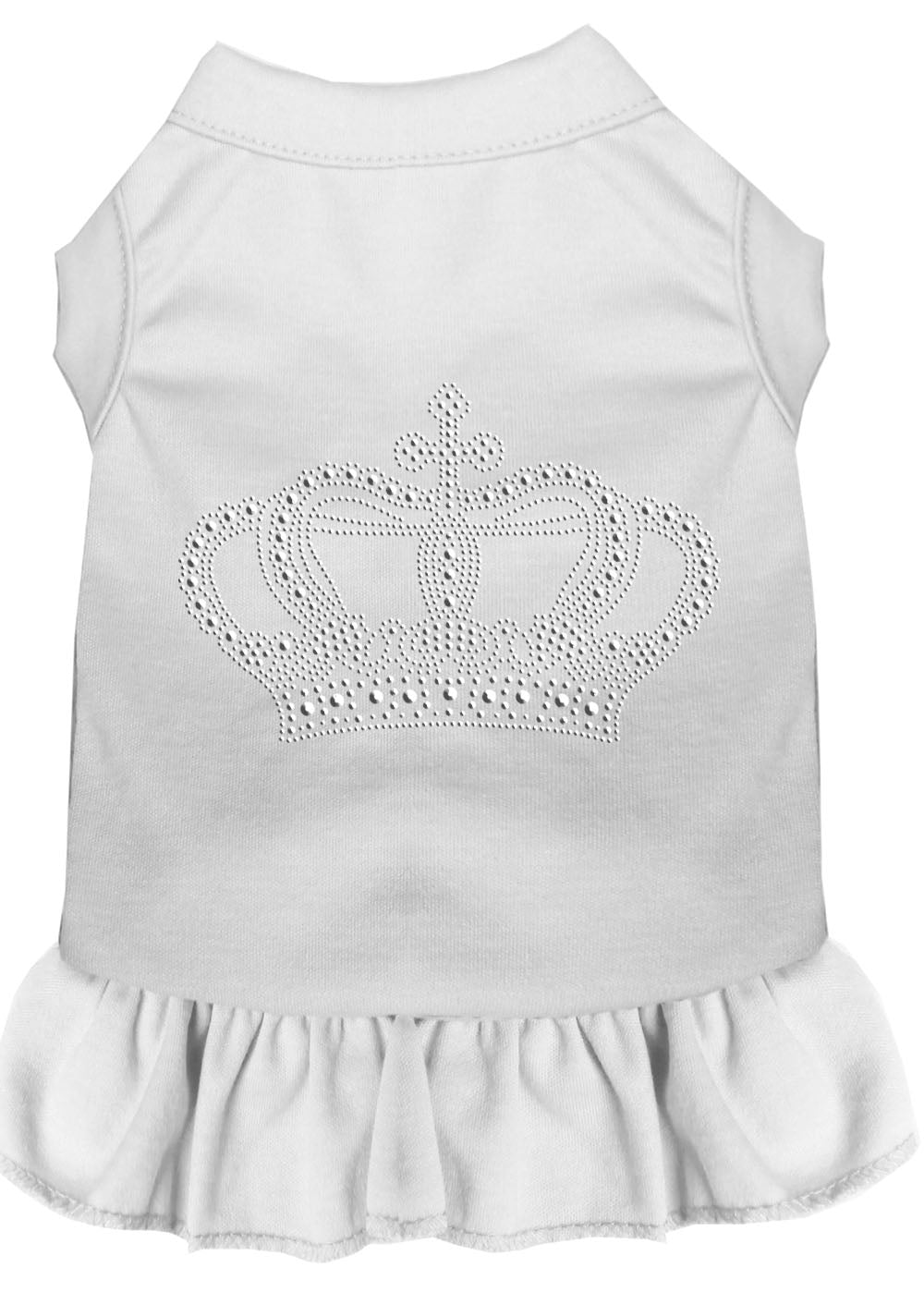 A stylish pet dress featuring rhinestones and a ruffle design, perfect for dogs and cats, showcasing a crown motif.