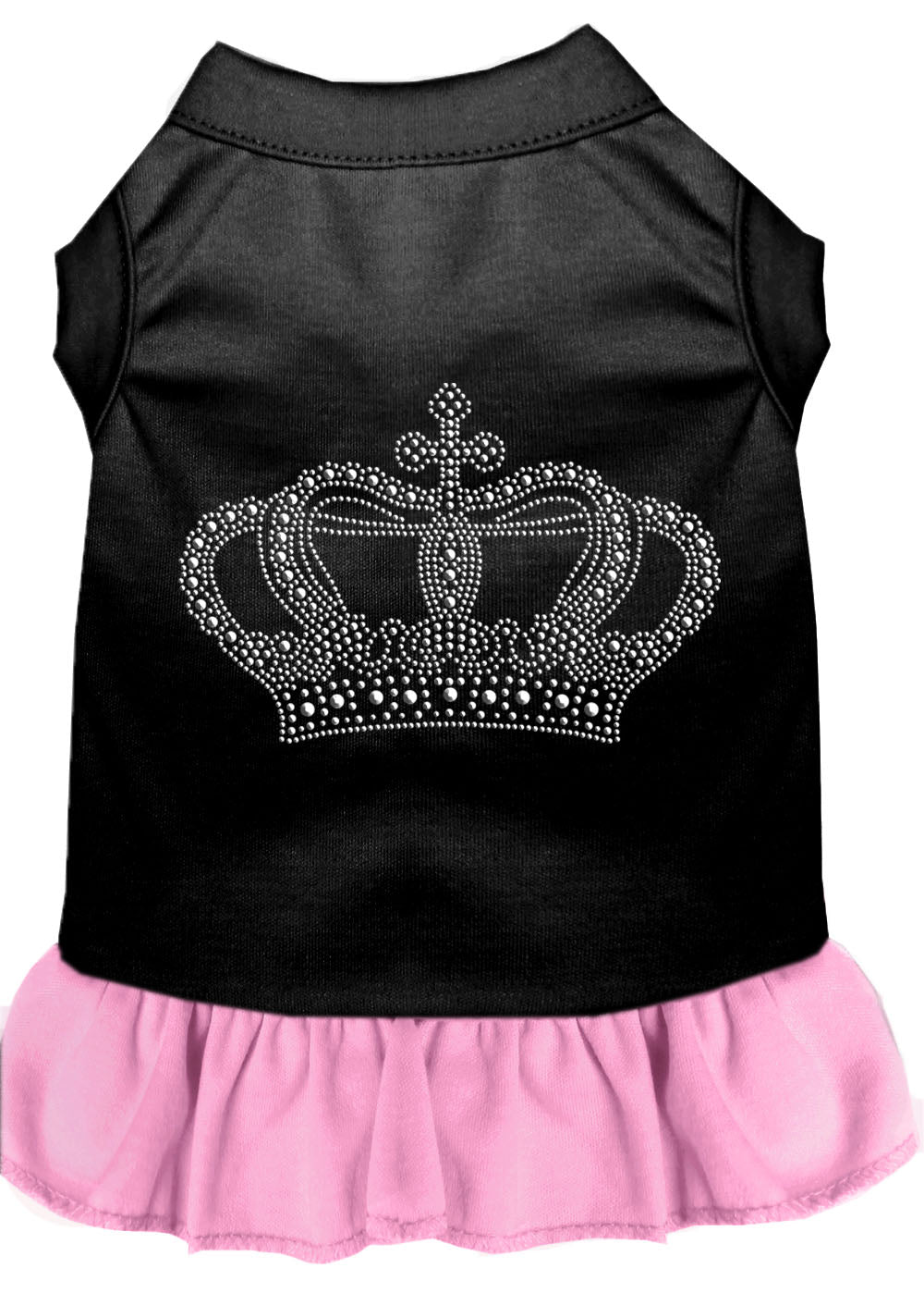A stylish pet dress featuring rhinestones and a ruffle design, perfect for dogs and cats, showcasing a crown motif.