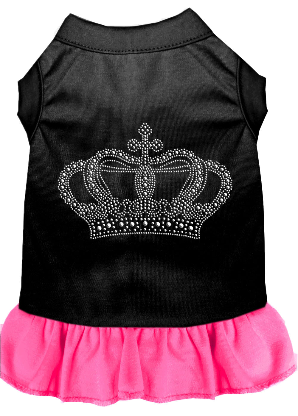 A stylish pet dress featuring rhinestones and a ruffle design, perfect for dogs and cats, showcasing a crown motif.