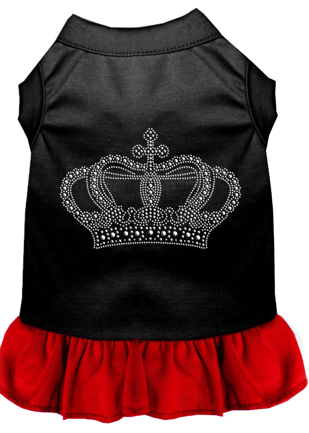 A stylish pet dress featuring rhinestones and a ruffle design, perfect for dogs and cats, showcasing a crown motif.