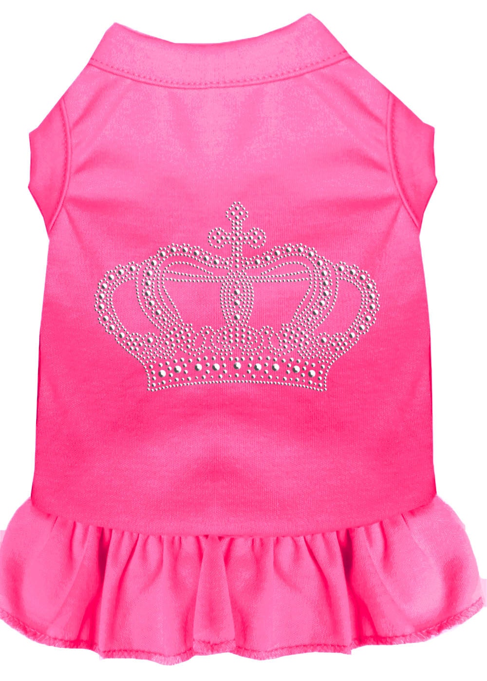 A stylish pet dress featuring rhinestones and a ruffle design, perfect for dogs and cats, showcasing a crown motif.